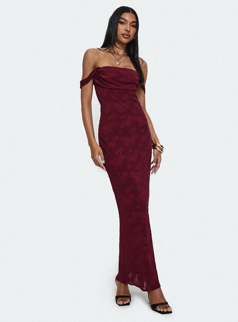 Azura Off The Shoulder Maxi Dress Burgundy | Princess Polly Azura Off The Shoulder Maxi Dress Burgundy | Princess Polly