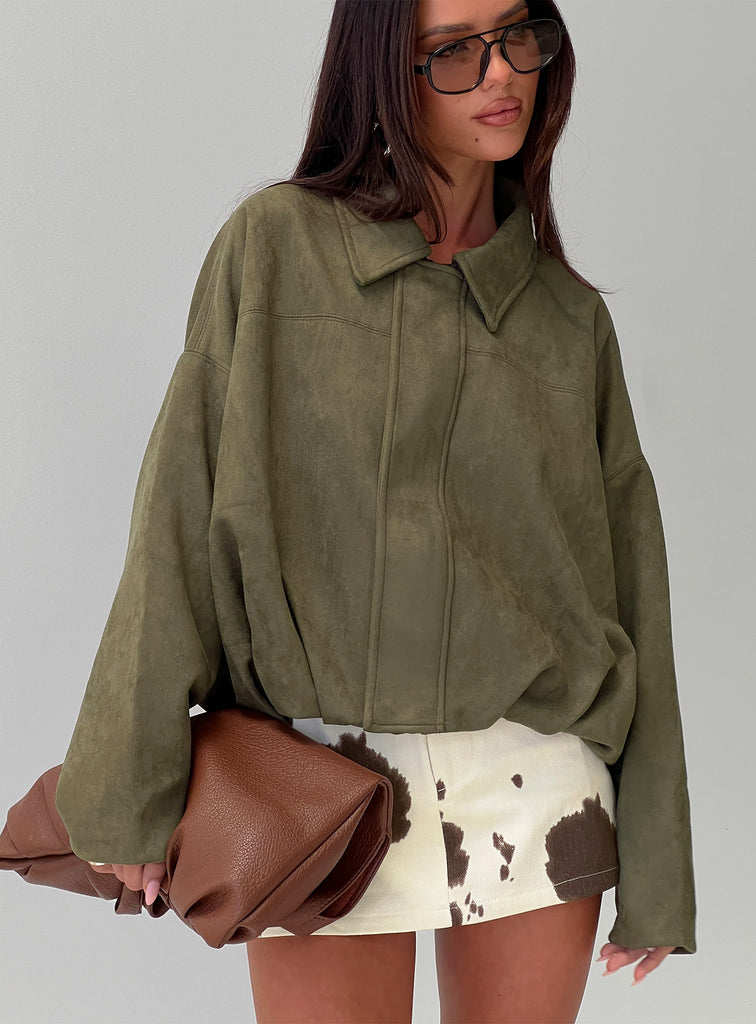 Princess Polly Enlightened Faux Suede Bomber Jacket Khaki