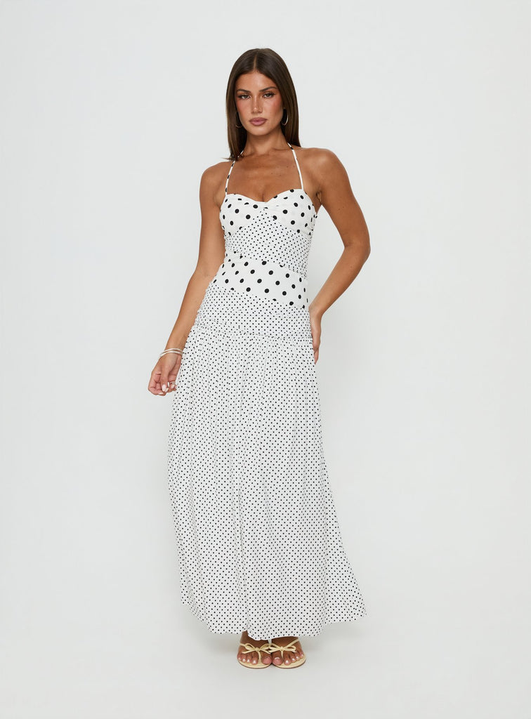 Marguerite Halter Maxi Dress White Polka