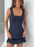 Front view of model wearing front Princess Polly Square Neck Dasha Mini Dress Navy