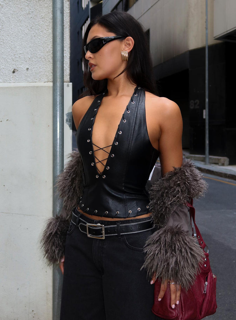 Captivated Faux Leather Halter Top Black Princess Polly