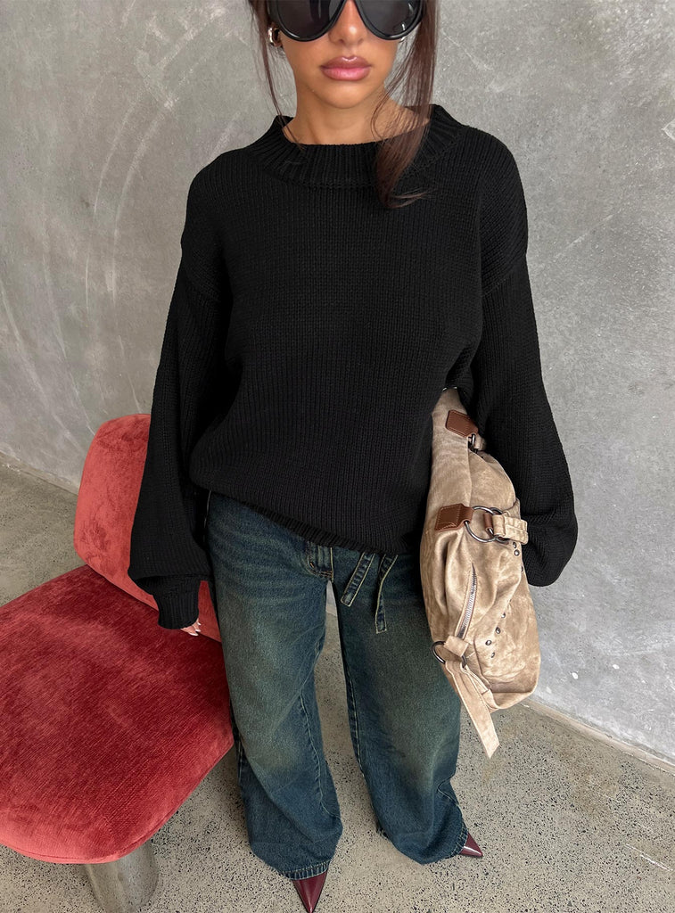 Ameri VINTAGE - にゃん☺︎BALLOON  SLEEVE  KNIT  TOP ブラック Harmony Balloon Sleeve Knit Sweater Black | Princess Polly