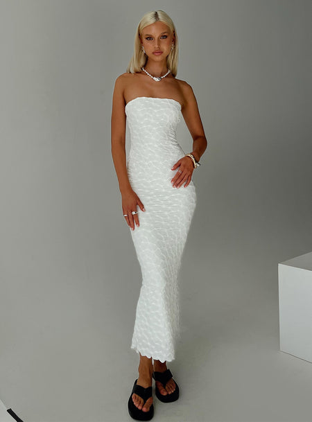 Strapless maxi dress Inner silicone strip at bust, lettuce edge hem Good stretch, fully lined