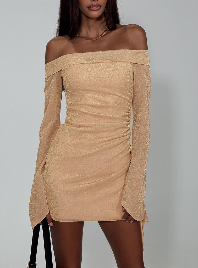 Villar Off The Shoulder Mini Dress Gold Princess Polly