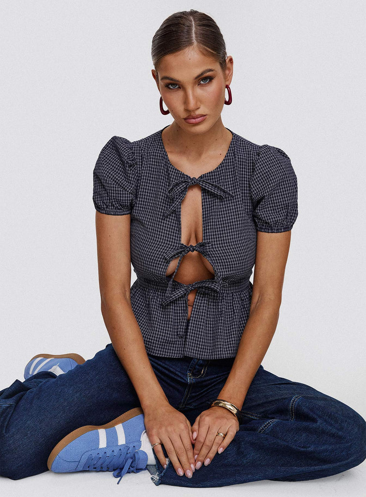 White Top With Front Tie Up And Puff Sleeves main image 0