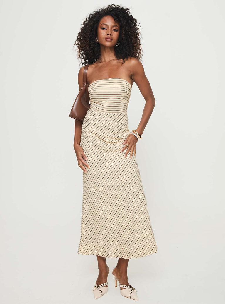 Strapless maxi dress Striped print, invisible zip fastening, split in hem at back Non-stretch material, unlined 