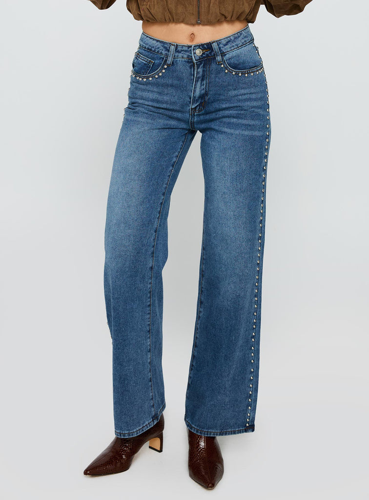 Saving Up Stud Detail Jeans Mid Blue | Princess Polly