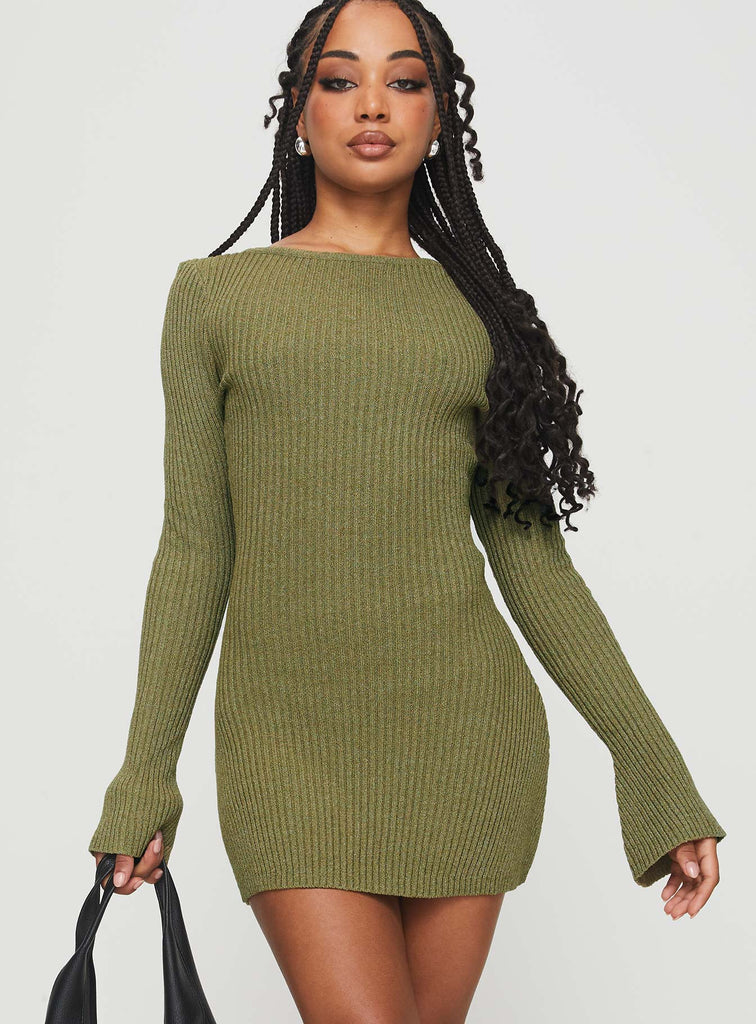 olive green knit dress Osment Long Sleeve Mini feminine silhouette Color:RETRO GREEN “what?!!! a prom dress MODEL-Alina B
