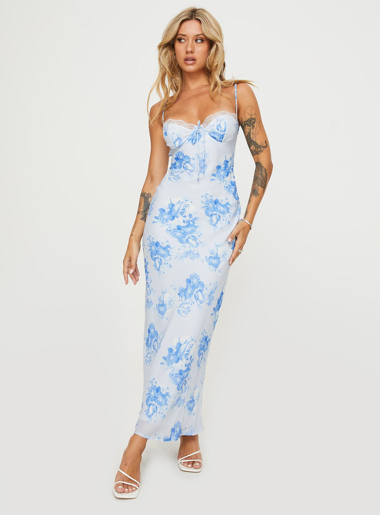 Hamri Maxi Dress White / Blue Floral | Princess Polly Hamri Maxi Dress White / Blue Floral | Princess Polly