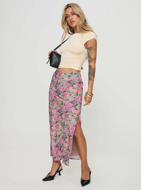 Floral print maxi skirt V-waist, invisible zip fastening, leg slit Non-stretch material, fully lined