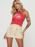 Cargo mini skirt Twin hip pockets, zip & button fastening with drawstring, belt looped waist Fit runs small Non-stretch material, unlined 