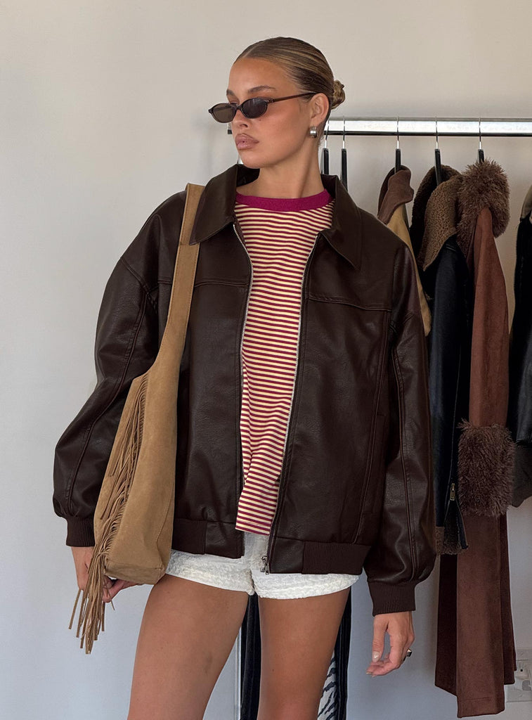 Princess Polly Goldsmith Faux Leather Bomber Jacket Brown