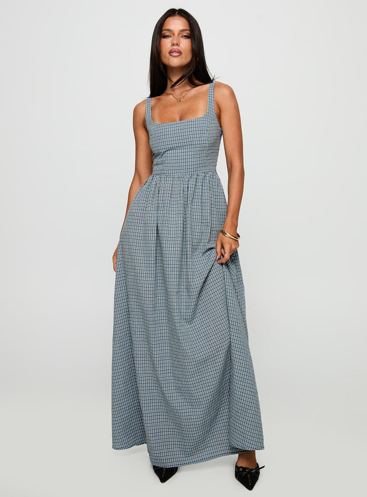 Cartmel Check Maxi Dress Navy | Princess Polly