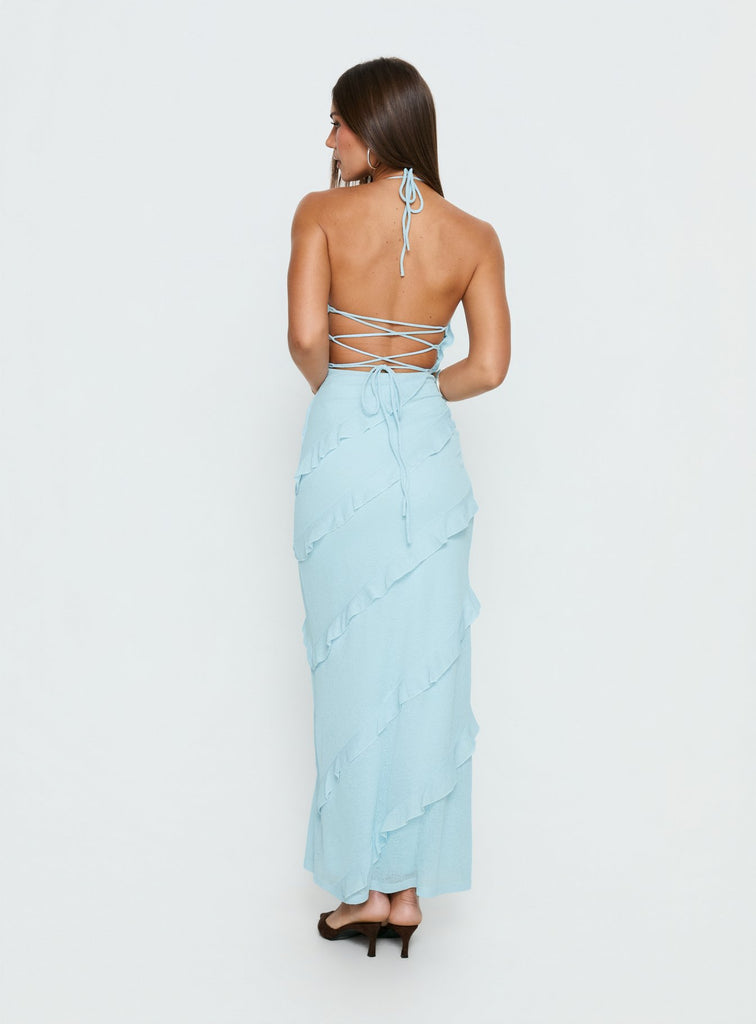 Adesta Frill Halter Maxi Dress Blue | Princess Polly Adesta Frill Halter Maxi Dress Blue | Princess Polly