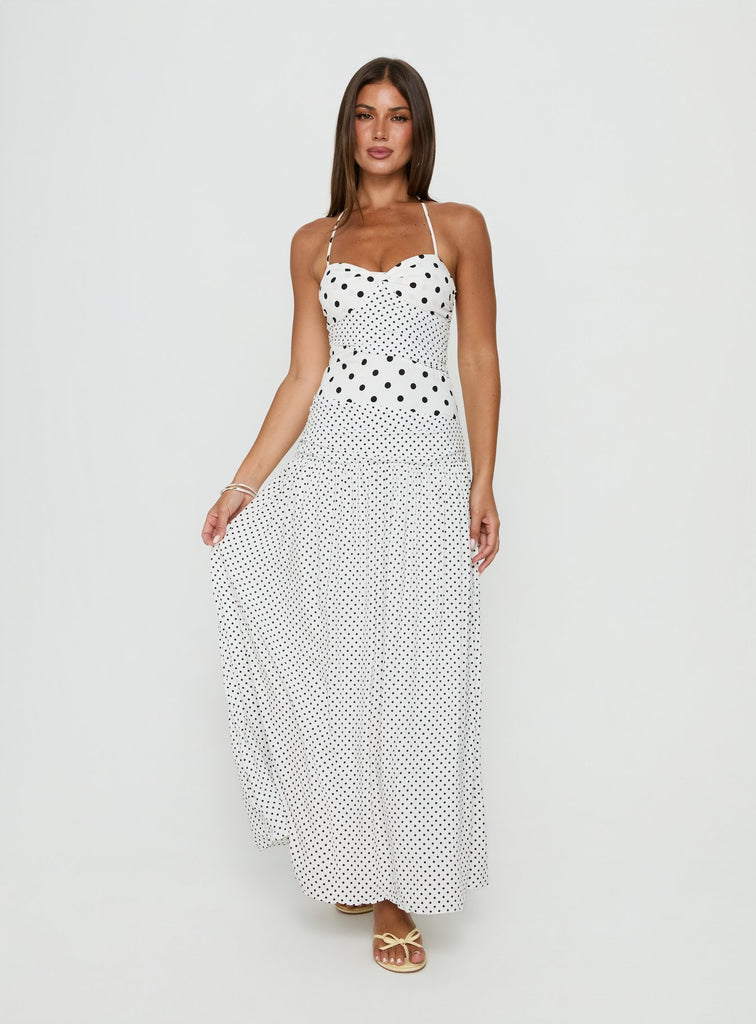 Marguerite Halter Maxi Dress White Polka