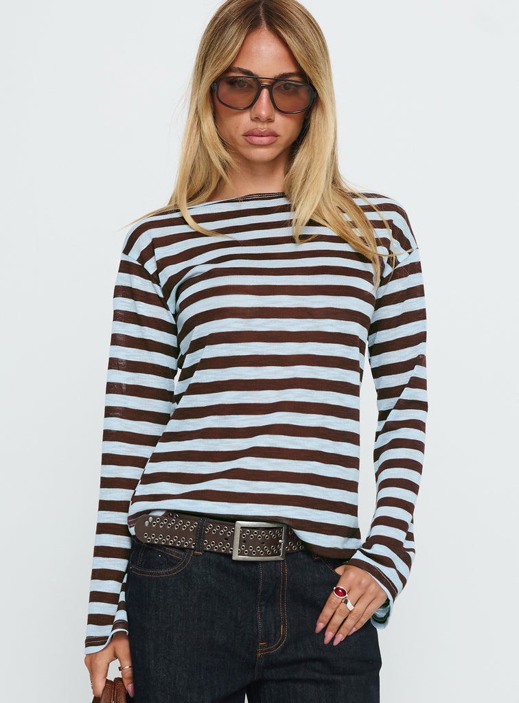 So Composed Boat Neck Long Sleeve Top Blue Stripe | Princess Polly