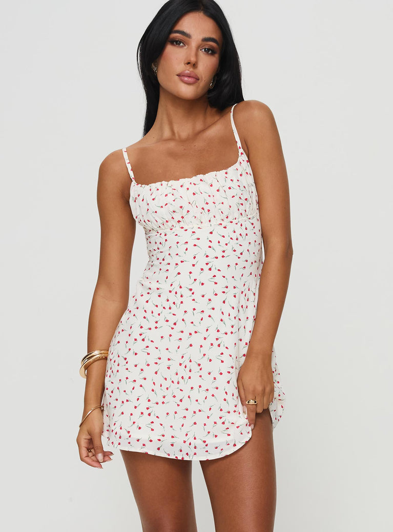 Floral print mini dress Adjustable shoulder straps, scooped neckline, ruched bust, invisible zip fastening at side Non-stretch material, fully lined 