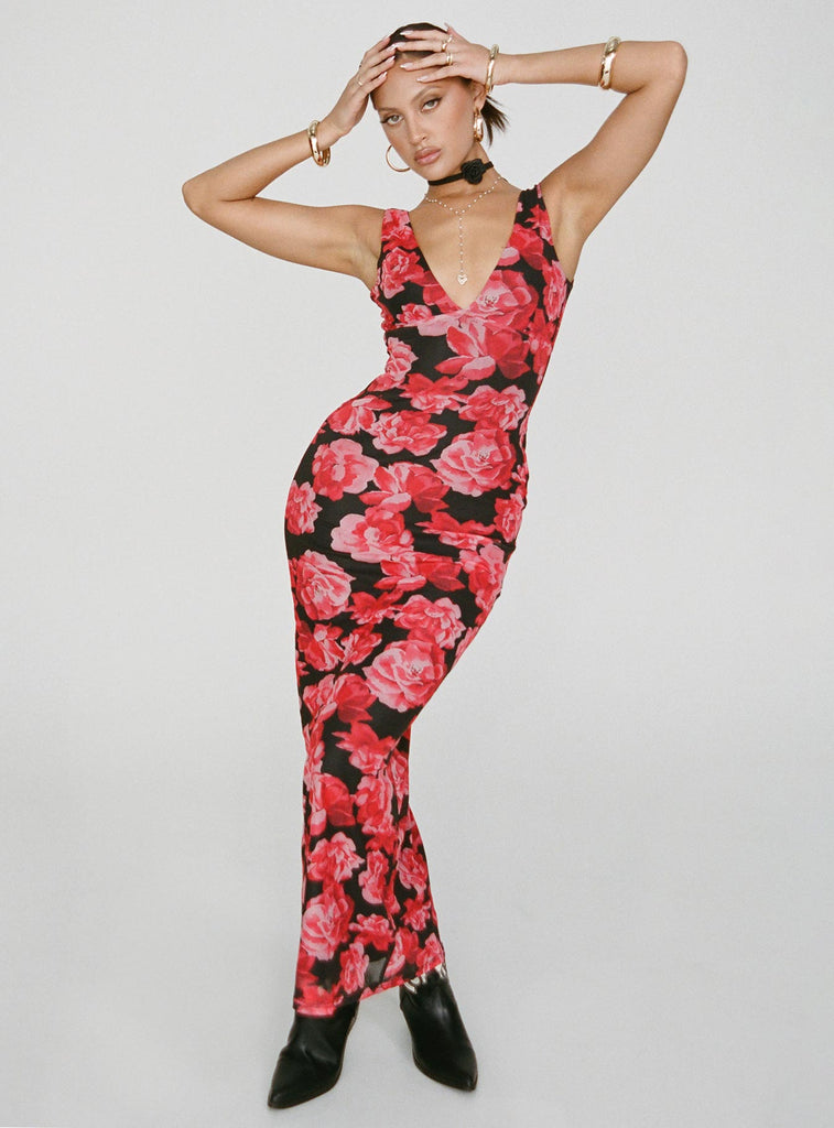 Red and black floral maxi dress Clearance