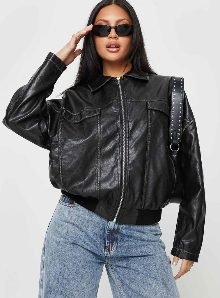 Black And White Contrast Cropped Faux Leather Jacket