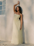 side view of model wearing Princess Polly South Of France Maxi Dress Yellow Square Neck