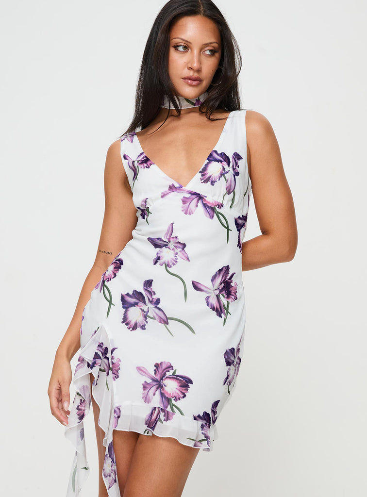 white and purple dress Varney Frill Mini Dress White / Purple Floral