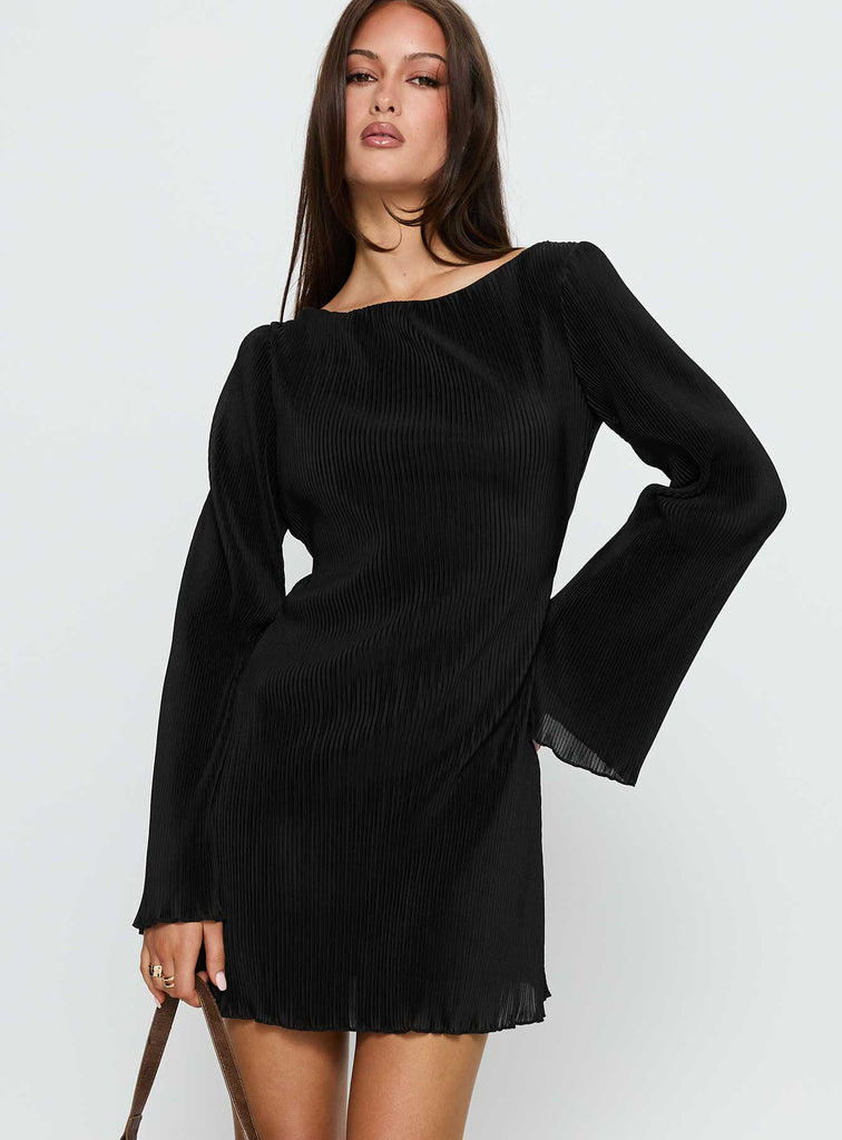 Lukea Long Sleeve Plisse Mini Dress Black | Princess Polly Lukea Long Sleeve Plisse Mini Dress Black | Princess Polly