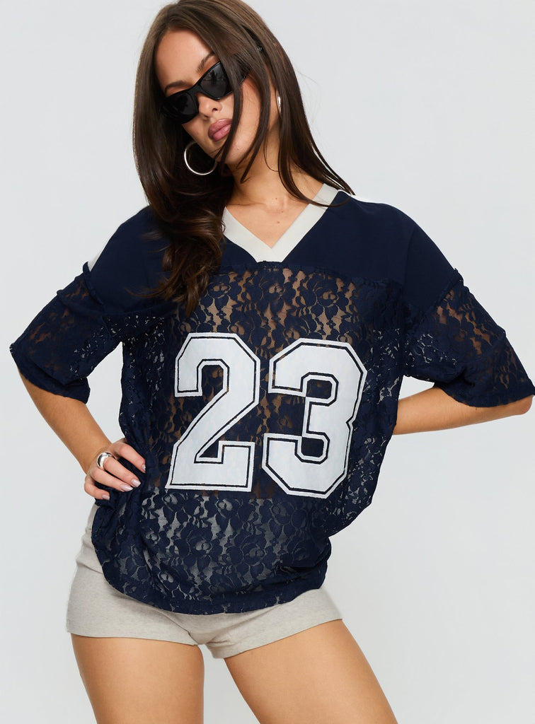 Lucky 23 Lace Jersey Graphic Top Navy | Princess Polly