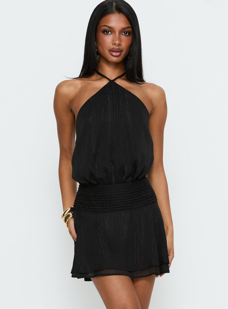 Rozario Chiffon Halter Mini Dress Black Silver | | Black | Silver | Womens