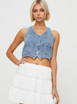 Denim vest top V-neckline, twin front pockets, contrast stitching, silver-toned button fastening down front
