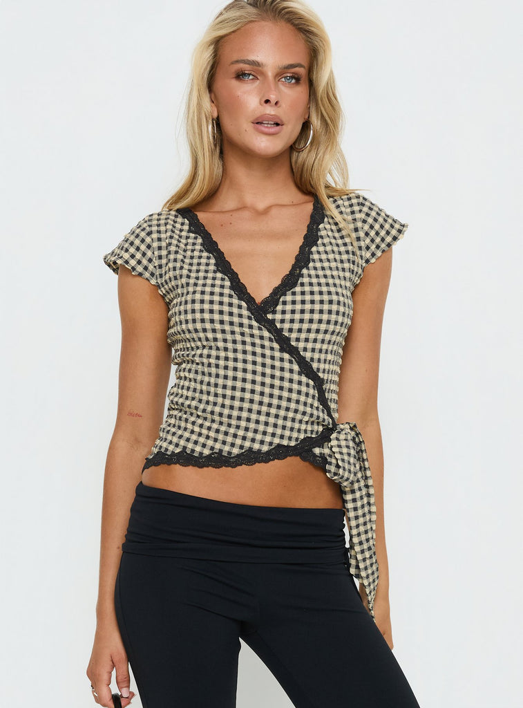Meltwater Lace Trim Wrap Detail Top Black Check | Princess Polly
