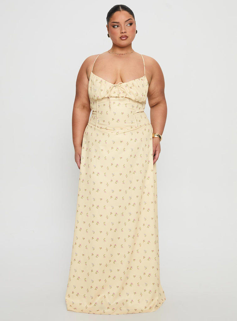 plus size 2 piece maxi dress Members Only Yellow Floral Curve fabric:denim Peppercorn Ranch it features a v Size::XL