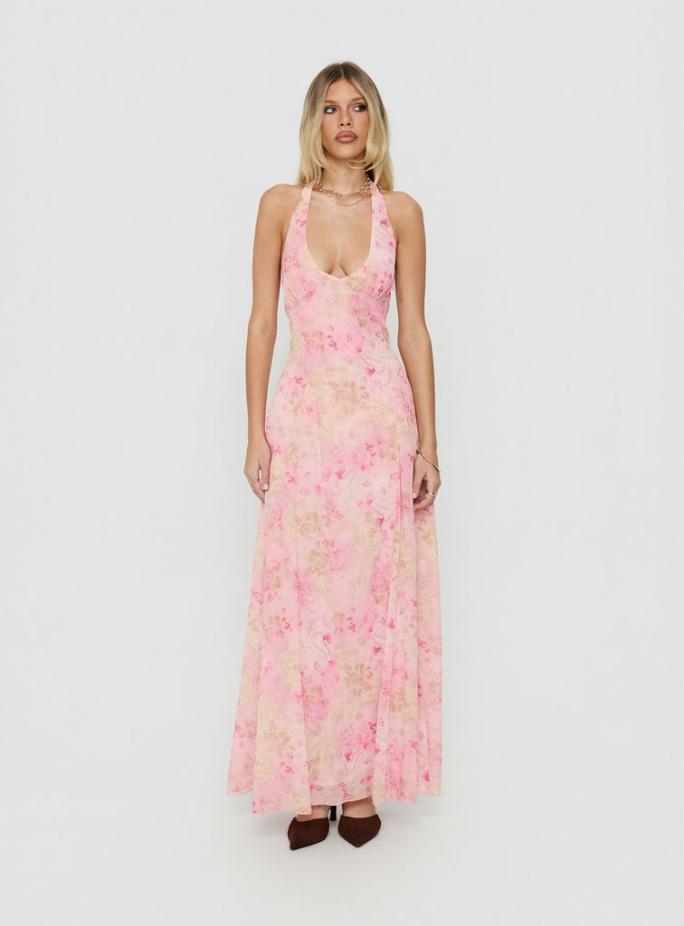 Dandelions Halter Maxi Dress Pink Floral | Princess Polly
