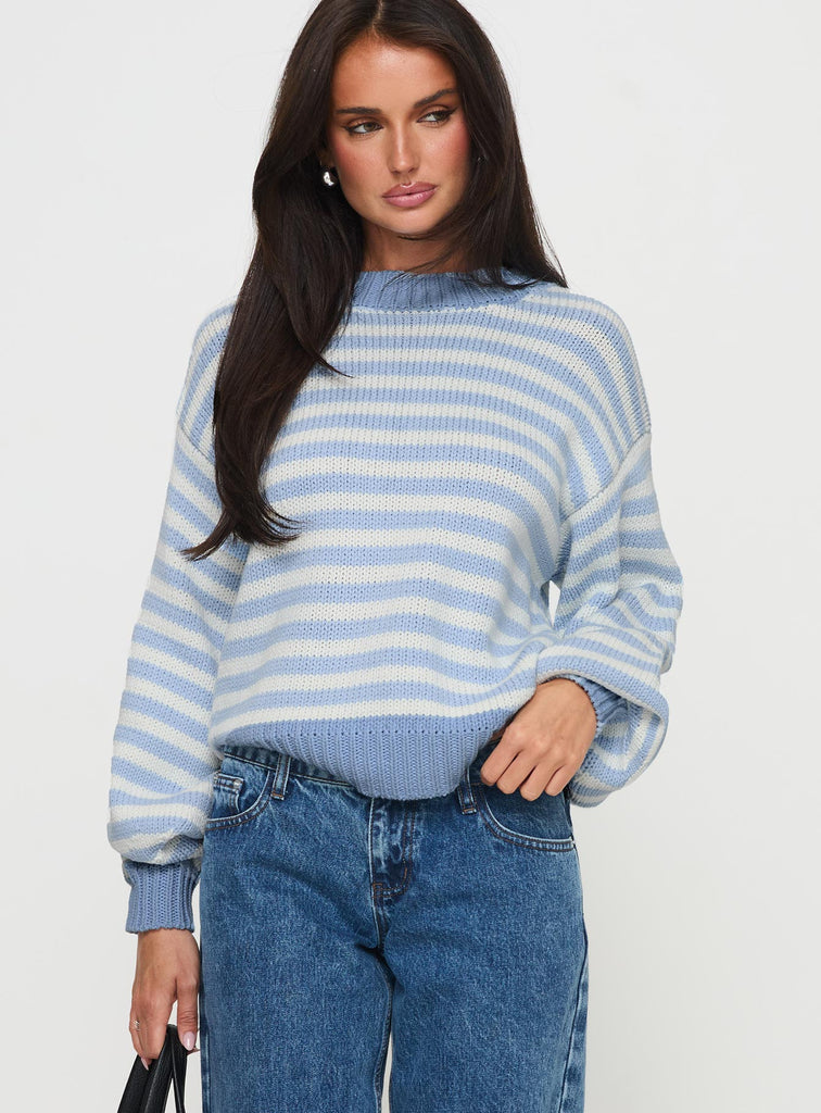 Harmony Balloon Sleeve Knit Sweater Blue / White Stripe Princess Polly