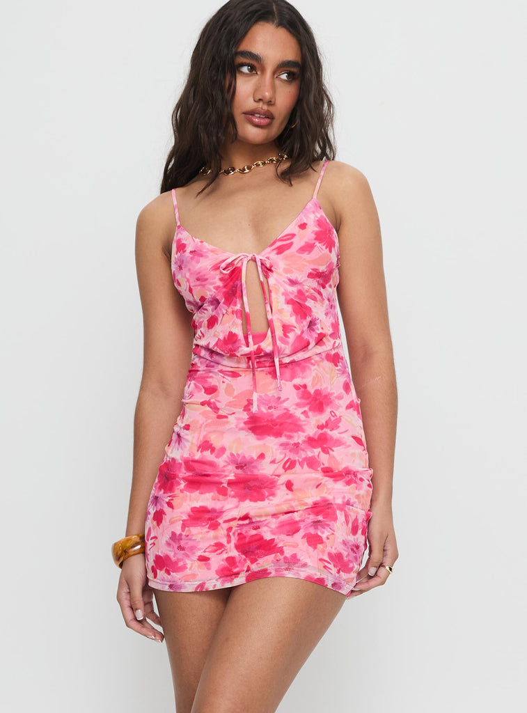 Irisse Keyhole Mini Dress Pink Floral | Princess Polly