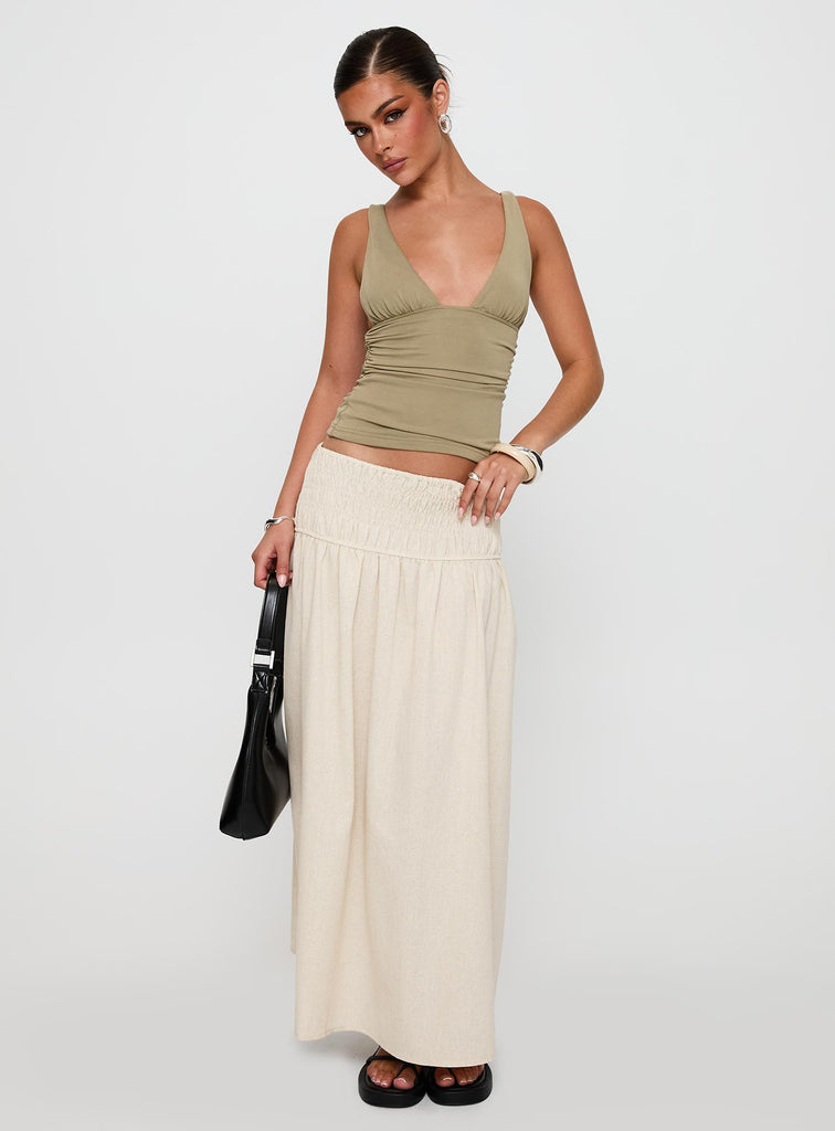 Small Towns Shirred Midi Skirt Beige Princess Polly