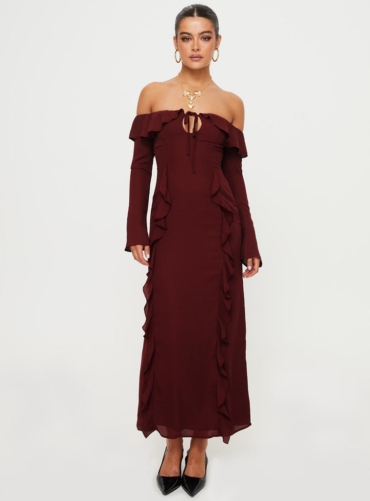 Burgundy off the shoulder best sale maxi dress