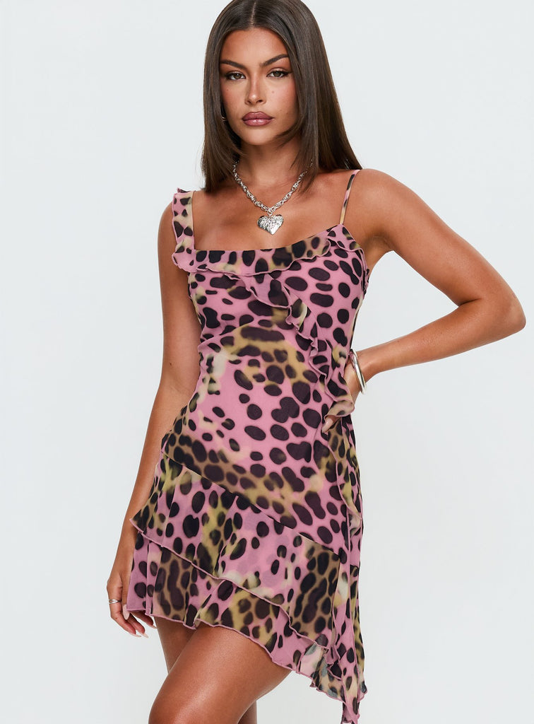 Danita Off Shoulder Frill Mini Dress Pink Animal Multi | Princess