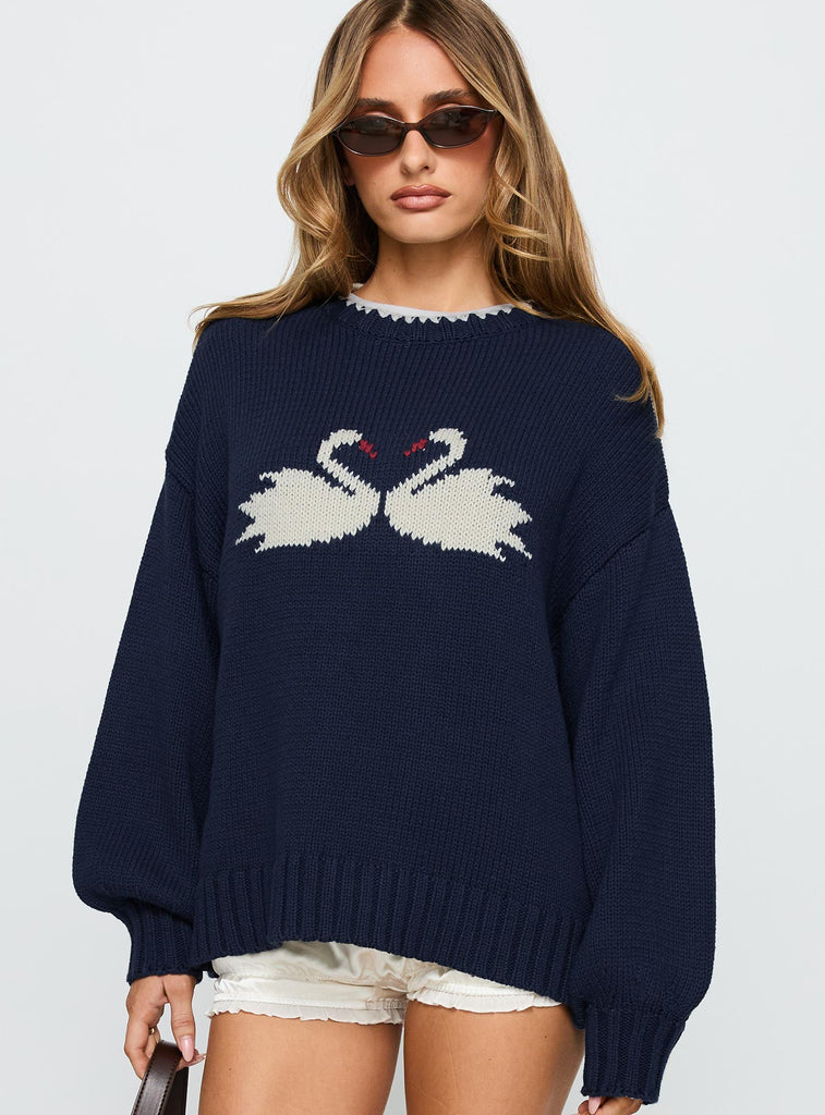 Swan Lake Love Knit Sweater Navy | Princess Polly