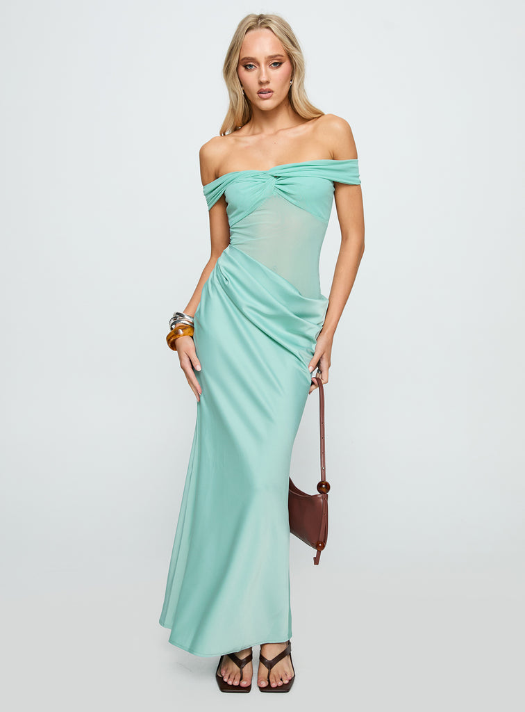 knee length dresses for ladies Only Exception Off The Shoulder Maxi Dress Aqua
