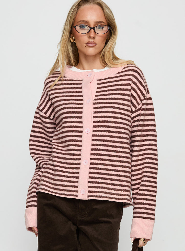 Darnelle Button Up Knit Cardigan Pink Stripe | Princess Polly