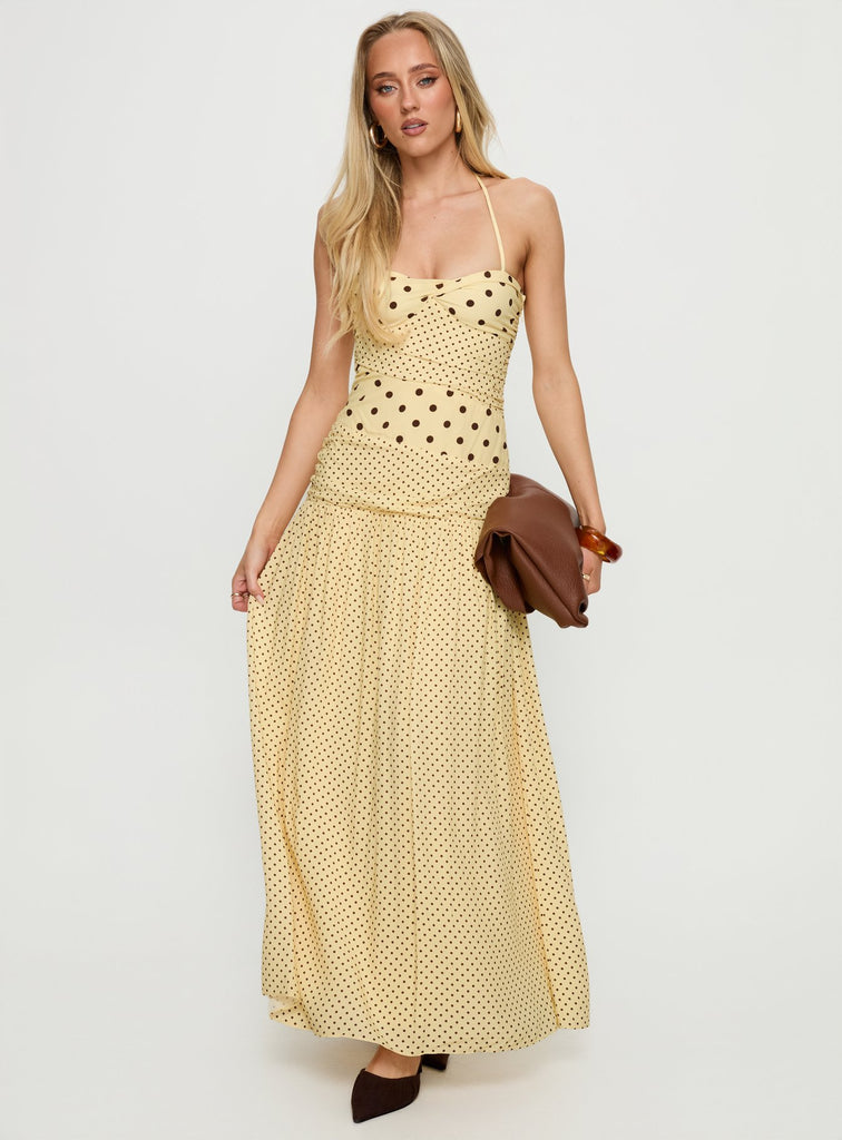marguerite halter maxi dress white polka Lemon | Brown Dot | Lemon | Brown Polka Dot | Womens expedited-processing-platinum Color:Midnight Wash Show Me Your Mumu ties at neck Slip