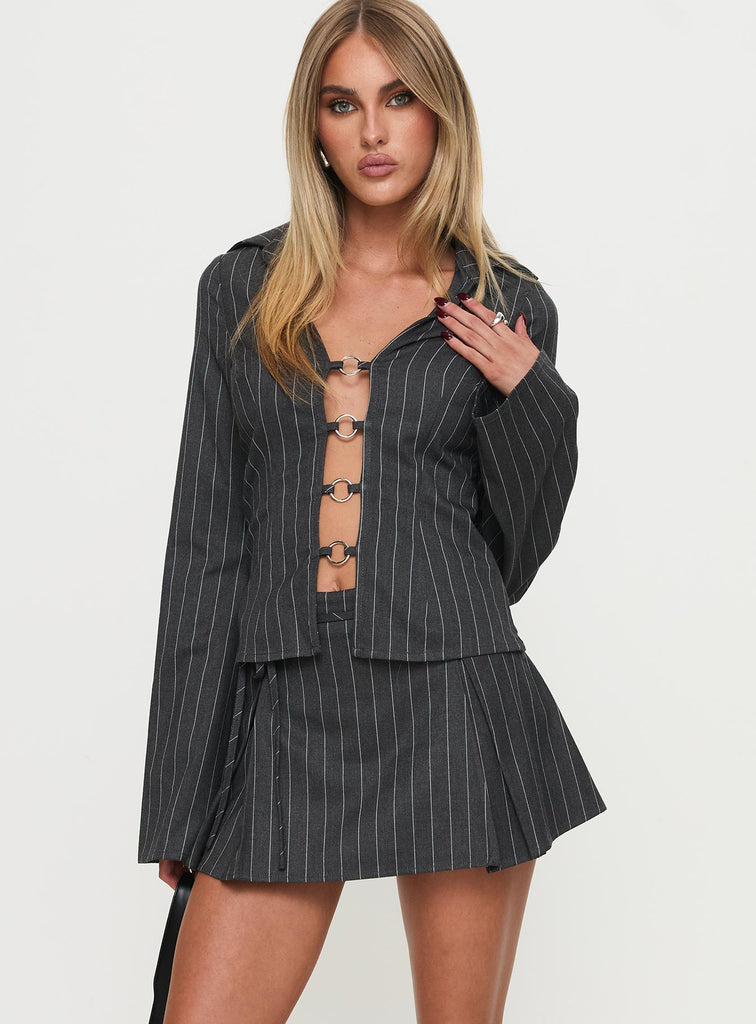 Saraya Pleat Mini Skort Grey Pinstripe | Princess Polly
