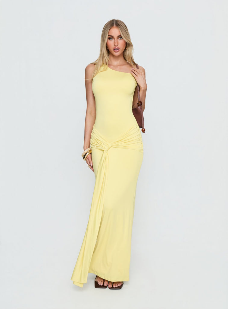 Get Lucky Drape One Shoulder Maxi Dress Lemon Yellow | Princess Polly