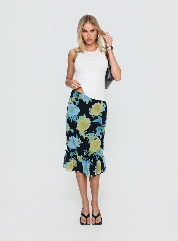 Tarla Midi Skirt Crystal Black Flower | Princess Polly