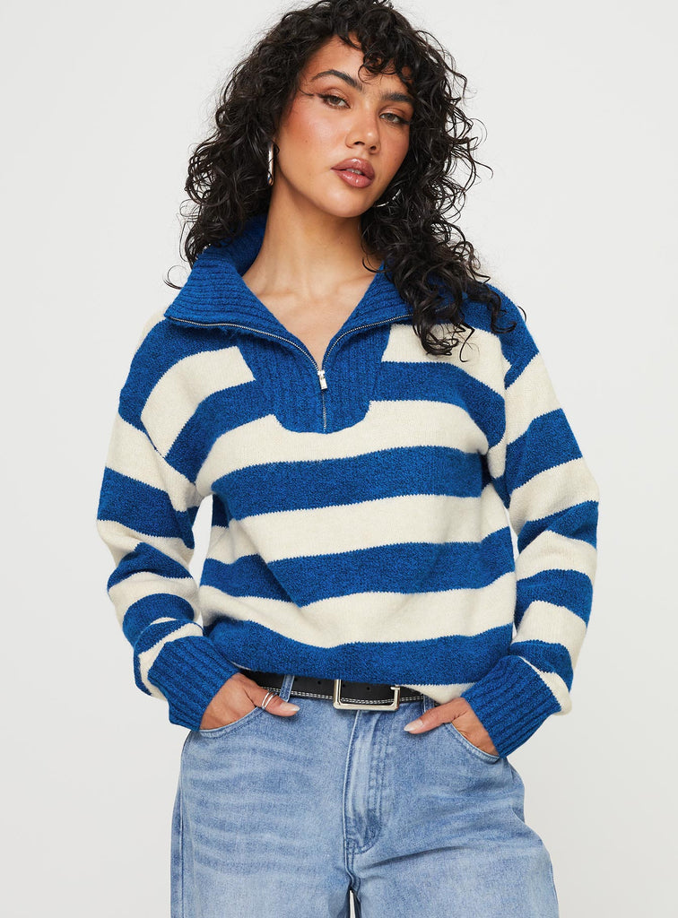  Womens Street Style Contrast Stripe Long Sleeve Knitted Sweater  Monogram Quarter Zip Pullover Women (1-Blue, S) : Clothing, Shoes & Jewelry