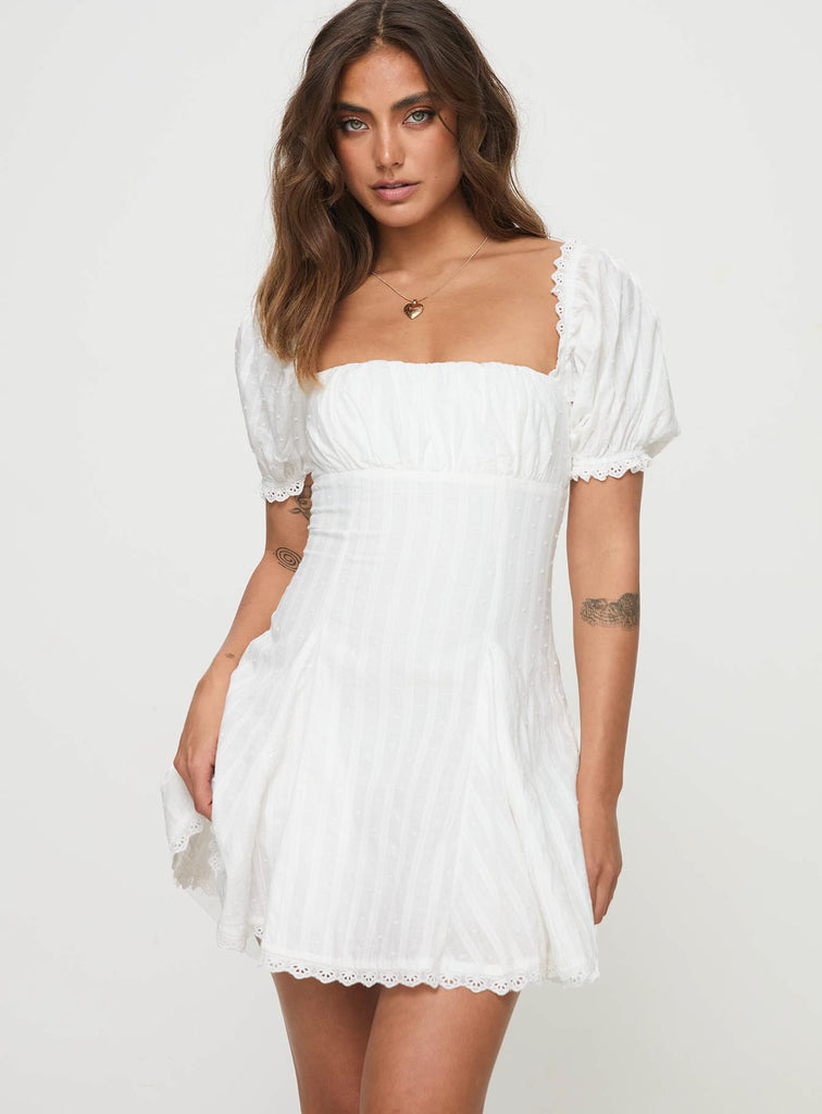 open lace back dress Princess Polly Women's Rabatia Swiss Dot & Tonal Stripe Cotton Minidress - White