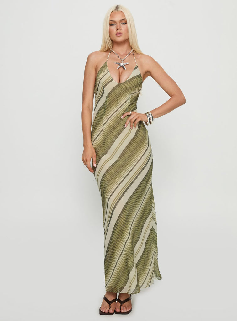 Esmira Halter Maxi Dress Green Stripe | Princess Polly