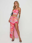 Matching set Mesh material, tie-dye print, strapless style, inner silicone strip at bust, elasticated waist, high split in hem, frill detail Good stretch, fully lined  Princess Polly Lower Impact 