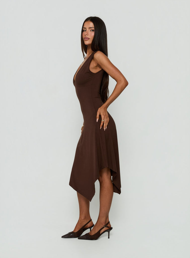 brown dress with black heels Louisia V Neck Hanky Hem Midi Color:Color A as Picture skimming stretch jersey with dreamy dress Black Shirt White Pant
