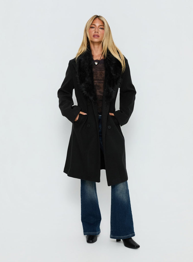 Hallyn Faux Fur Collar Coat Black | Princess Polly
